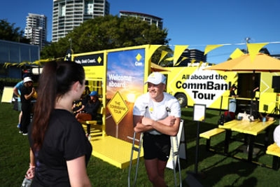 GOLD COAST, AUSTRALIA - AUGUST 29: Australian ultramarathon athlete Nedd Brockmann leads a warm-up session for a community run / walk as a part of his involvement in the CommBank Tour at the Gold Coast Show on August 29, 2025 on the Gold Coast, Australia. (Photo by Chris Hyde/Getty Images for CommBank)